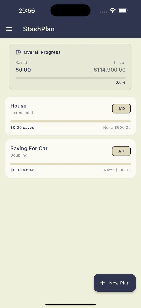 StashPlan app, screen 1 of 5